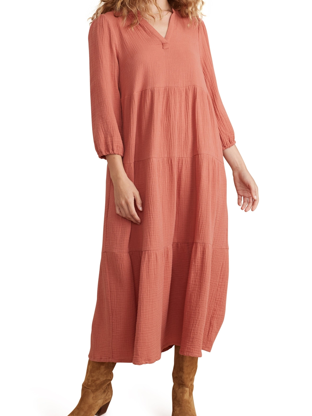 Marine Layer Annabella Long Sleeve Cotton Dress In Rosewood